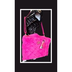 Juicy Couture Hot Pink Faux Fur Quilted‎ Tote Bag Heart Logo NWT Large Shoulder